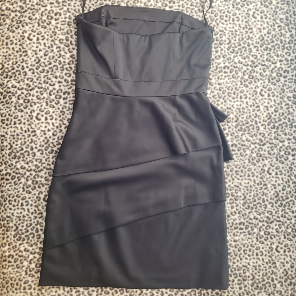 WHBM Black Satin Strapless Lined Tiered Ruffle Mini Dress, Size 8, EUC - Picture 6 of 16